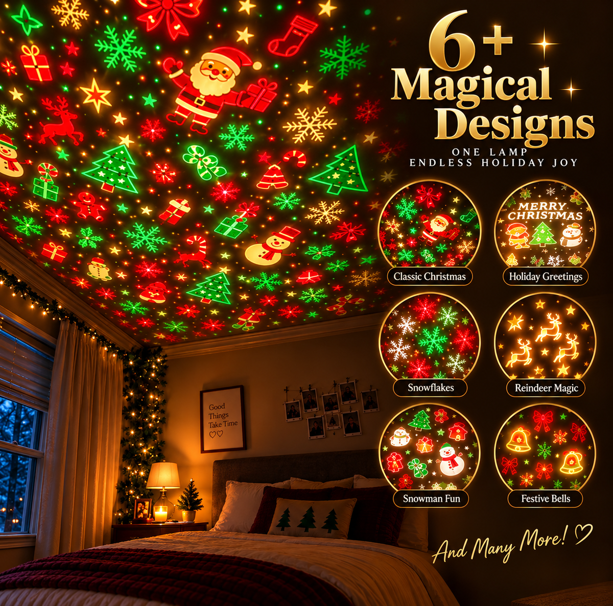 Lumina Living Christmas Projector unboxing presentation in festive holiday gift box on cozy wooden table