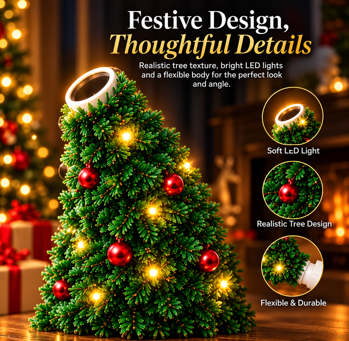 Festive Christmas tree design projector featuring realistic pine texture, warm LED lights, and flexible adjustable neck
