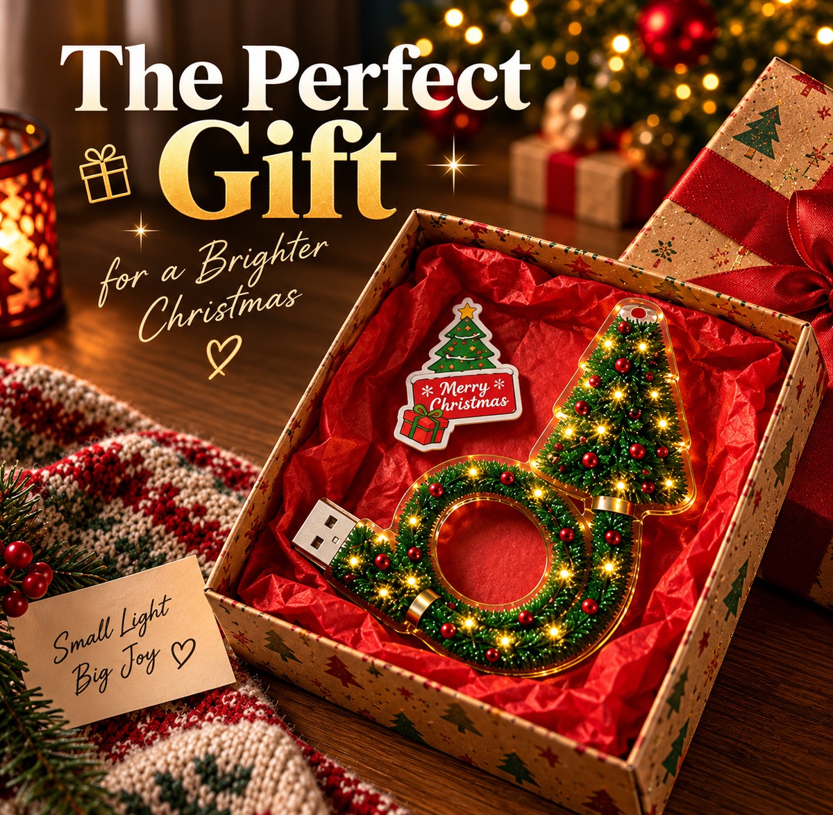 Lumina Living holiday gift box packaging with USB Christmas tree light projector and Merry Christmas card
