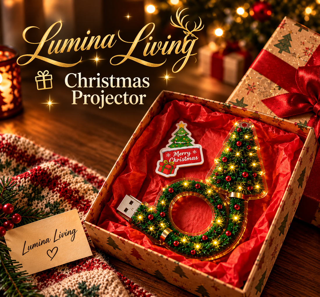 Lumina Living Christmas projector lamp casting vibrant Santa Claus, snowflakes, and holiday tree patterns onto bedroom ceiling