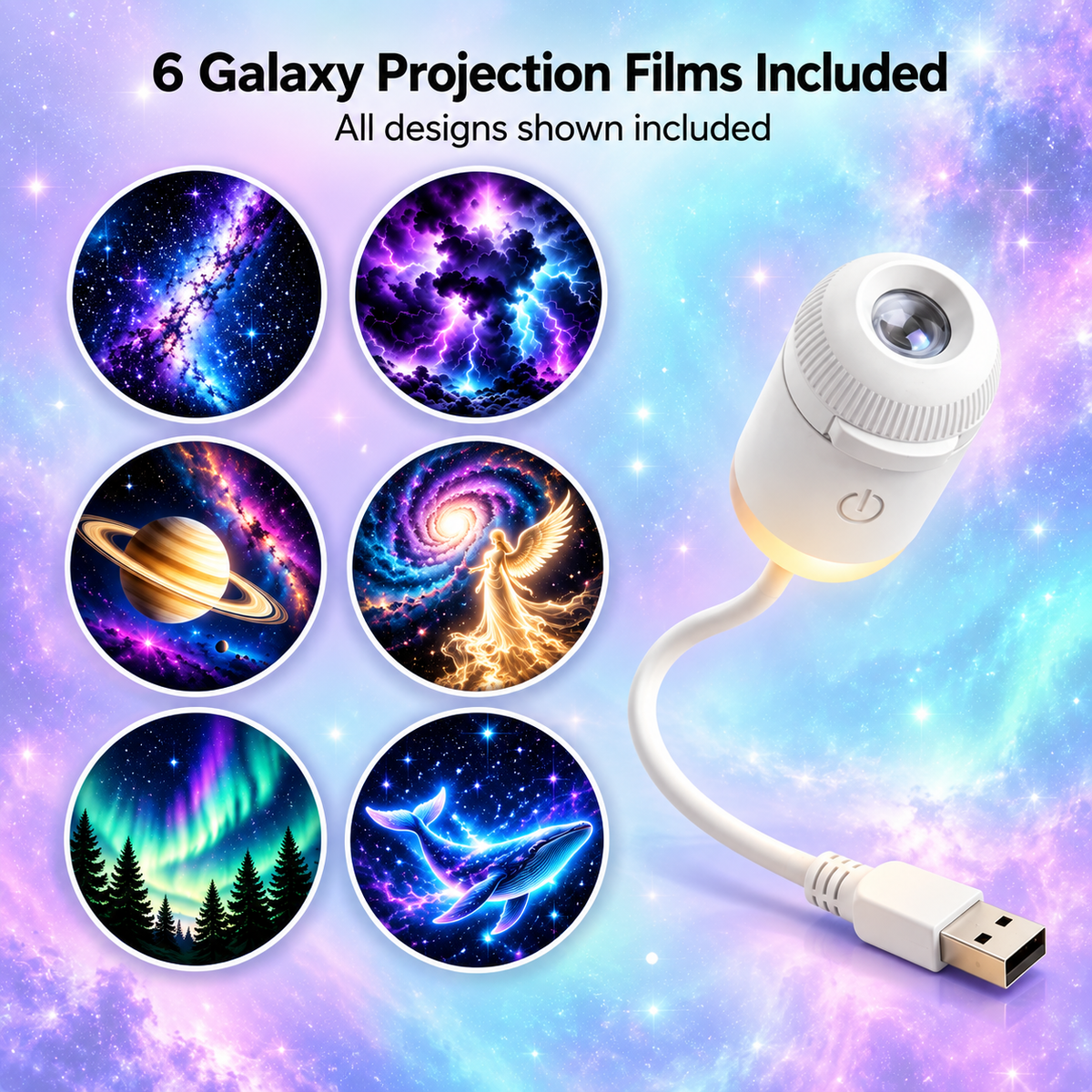 High definition interchangeable universe and nebula galaxy film discs included with Lumina night light