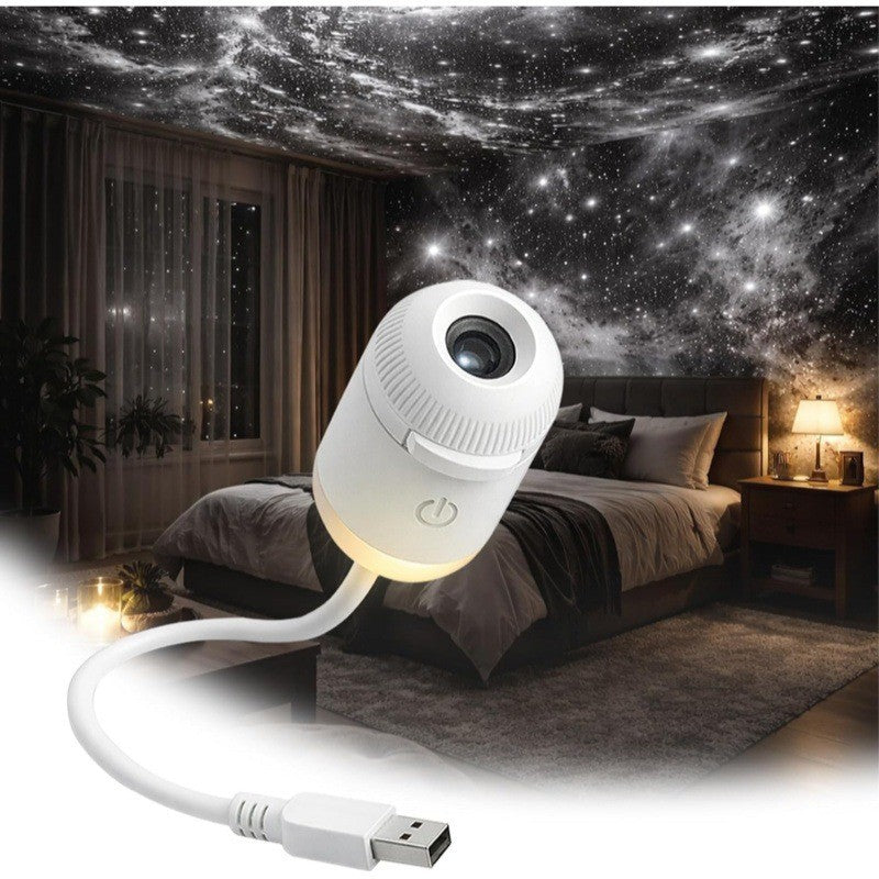Lumina Living galaxy star projection night light plugged into USB illuminating bedroom ceiling with realistic starry cosmos