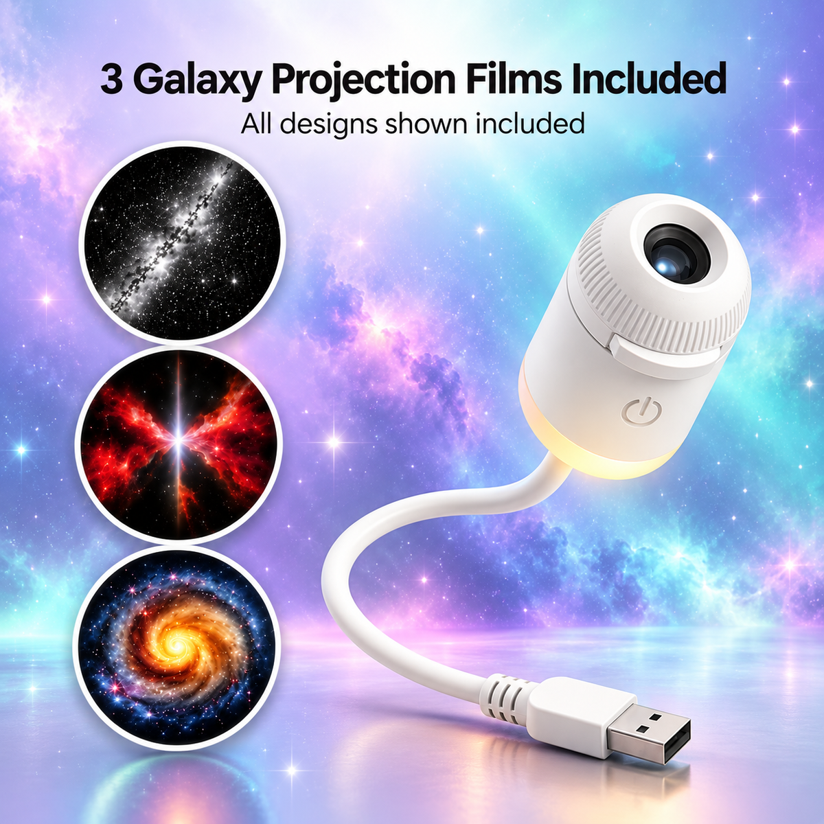 Lumina Living galaxy star projector with universal USB power cable for laptop power bank and wall adapter